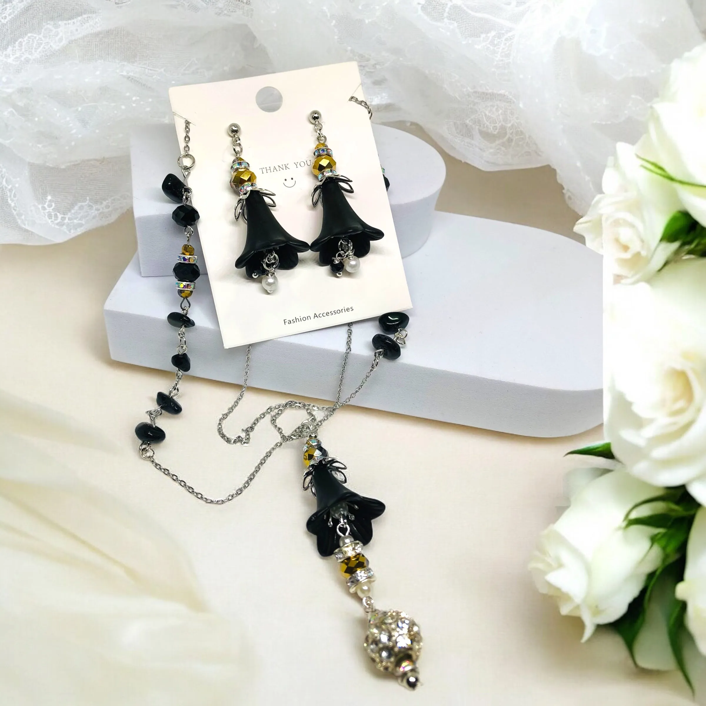 Elegant Duo: Y-Shaped Necklace and Black Bohemian Bloom Lucite Earrings Set