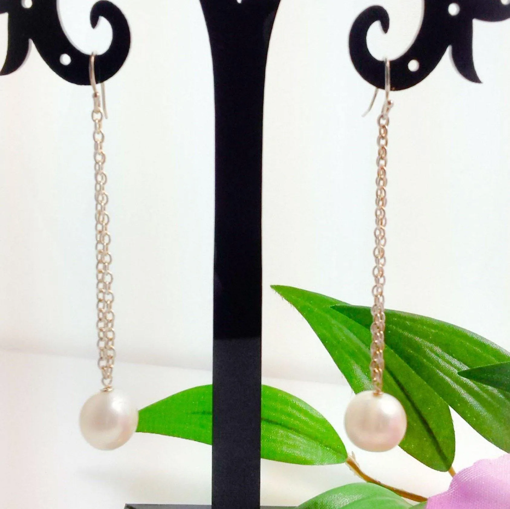 Elegant  white pearl  sterling dangle earrings