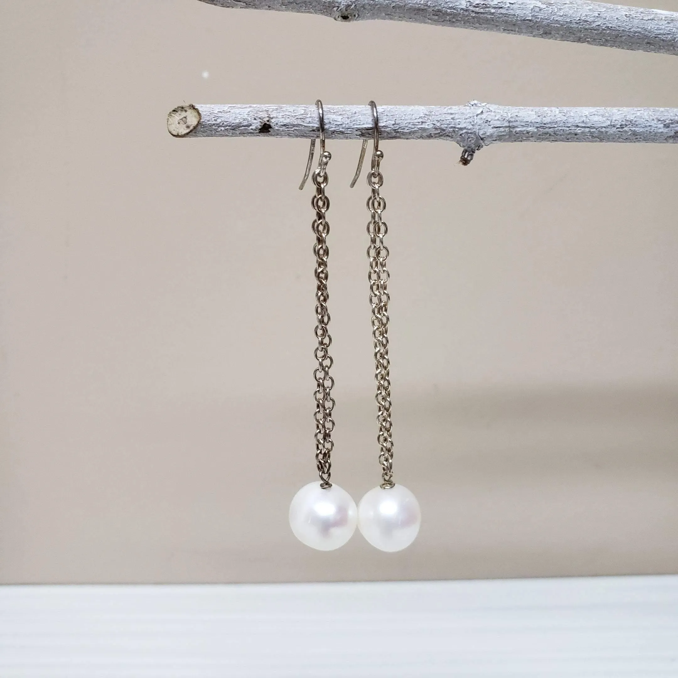 Elegant  white pearl  sterling dangle earrings