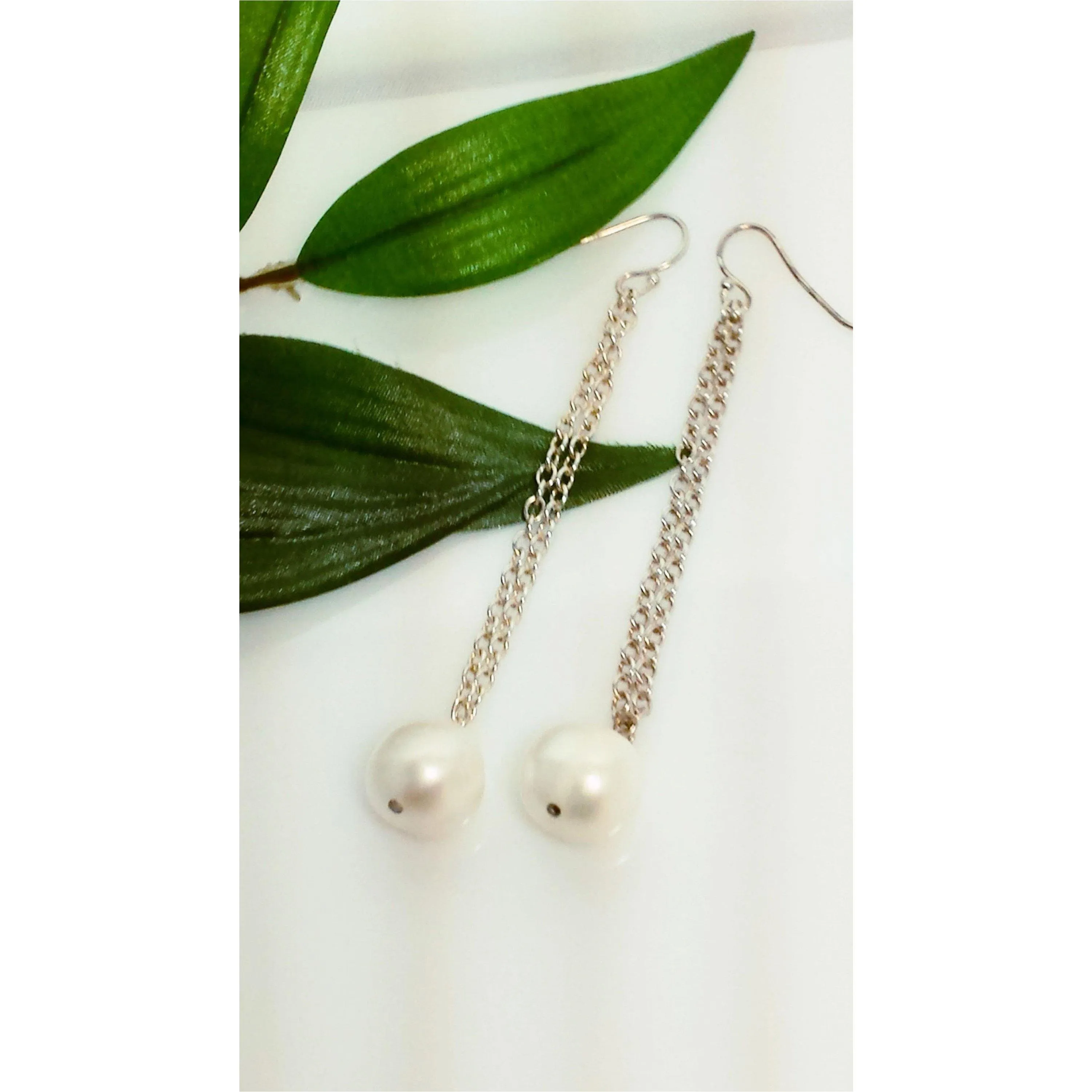 Elegant  white pearl  sterling dangle earrings