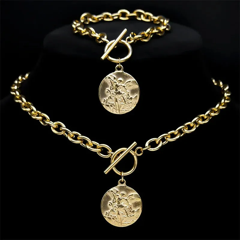 Exquisite Archangel Saint Michael Choker Necklace Bracelet for Women