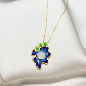 Exquisite enamel lotus pendant court style vintage natural chalcedony beads necklace