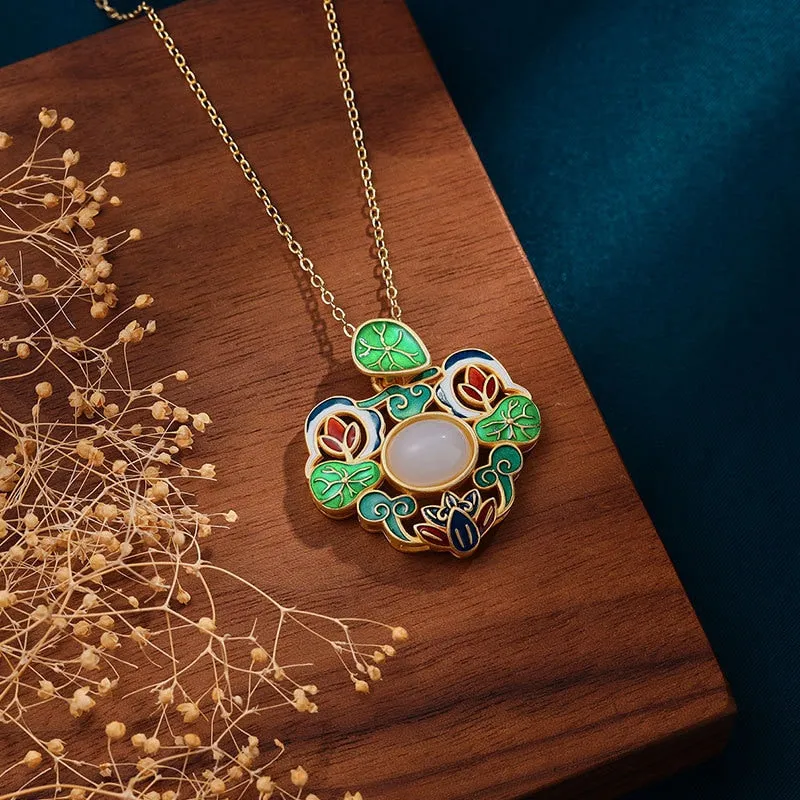 Exquisite enamel process inlaid natural Hotan Jade flower lotus necklace