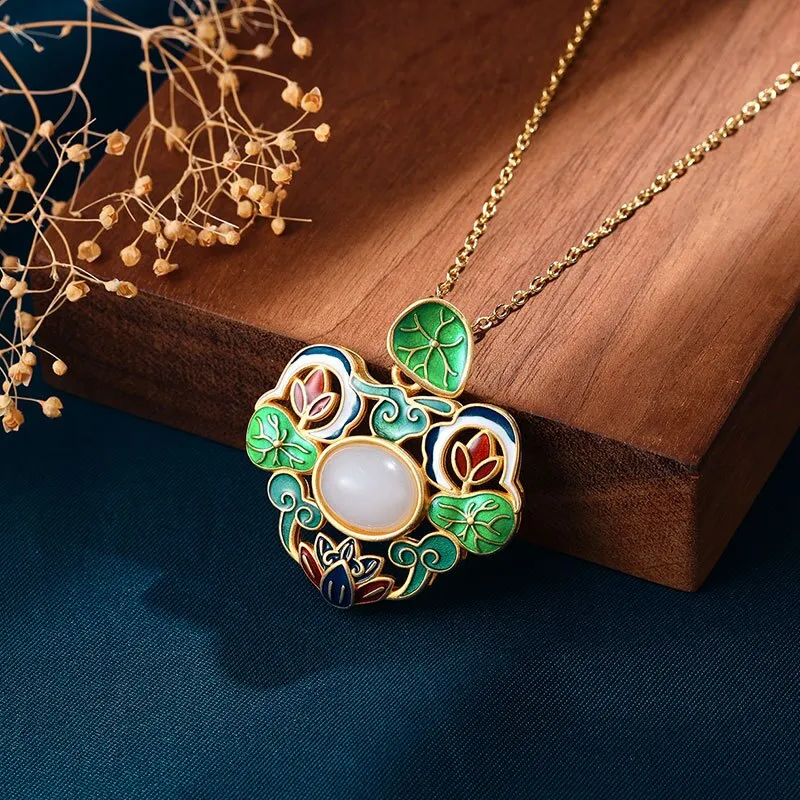 Exquisite enamel process inlaid natural Hotan Jade flower lotus necklace