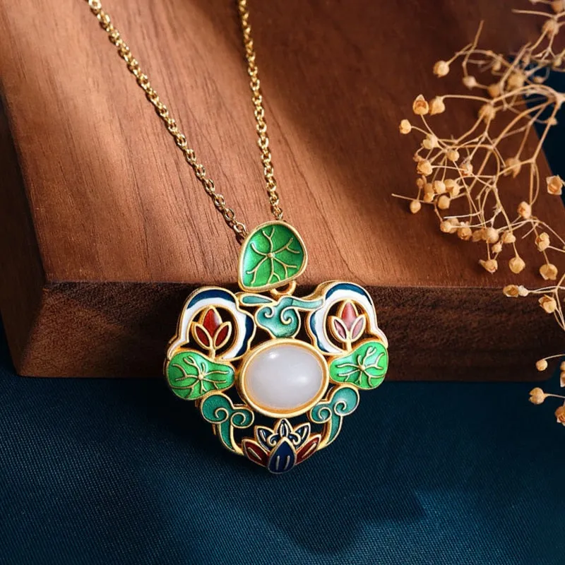 Exquisite enamel process inlaid natural Hotan Jade flower lotus necklace
