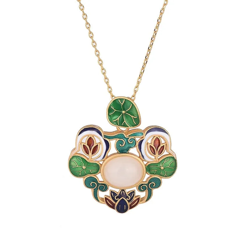 Exquisite enamel process inlaid natural Hotan Jade flower lotus necklace