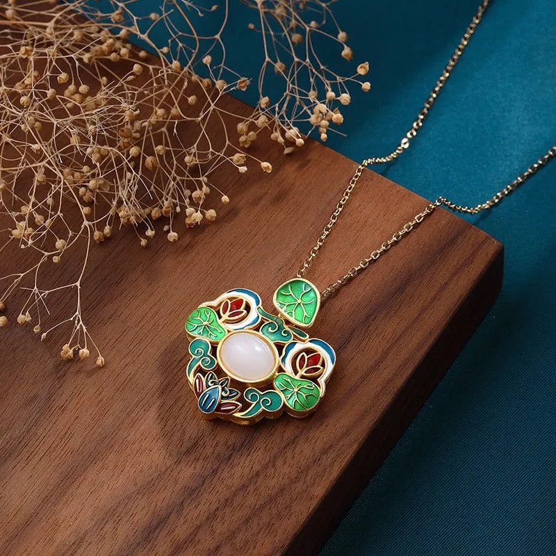 Exquisite enamel process inlaid natural Hotan Jade flower lotus necklace