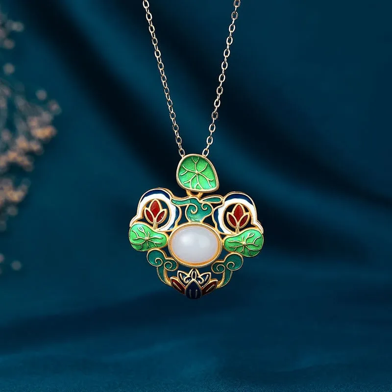 Exquisite enamel process inlaid natural Hotan Jade flower lotus necklace