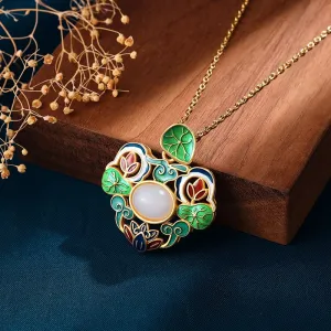 Exquisite enamel process inlaid natural Hotan Jade flower lotus necklace