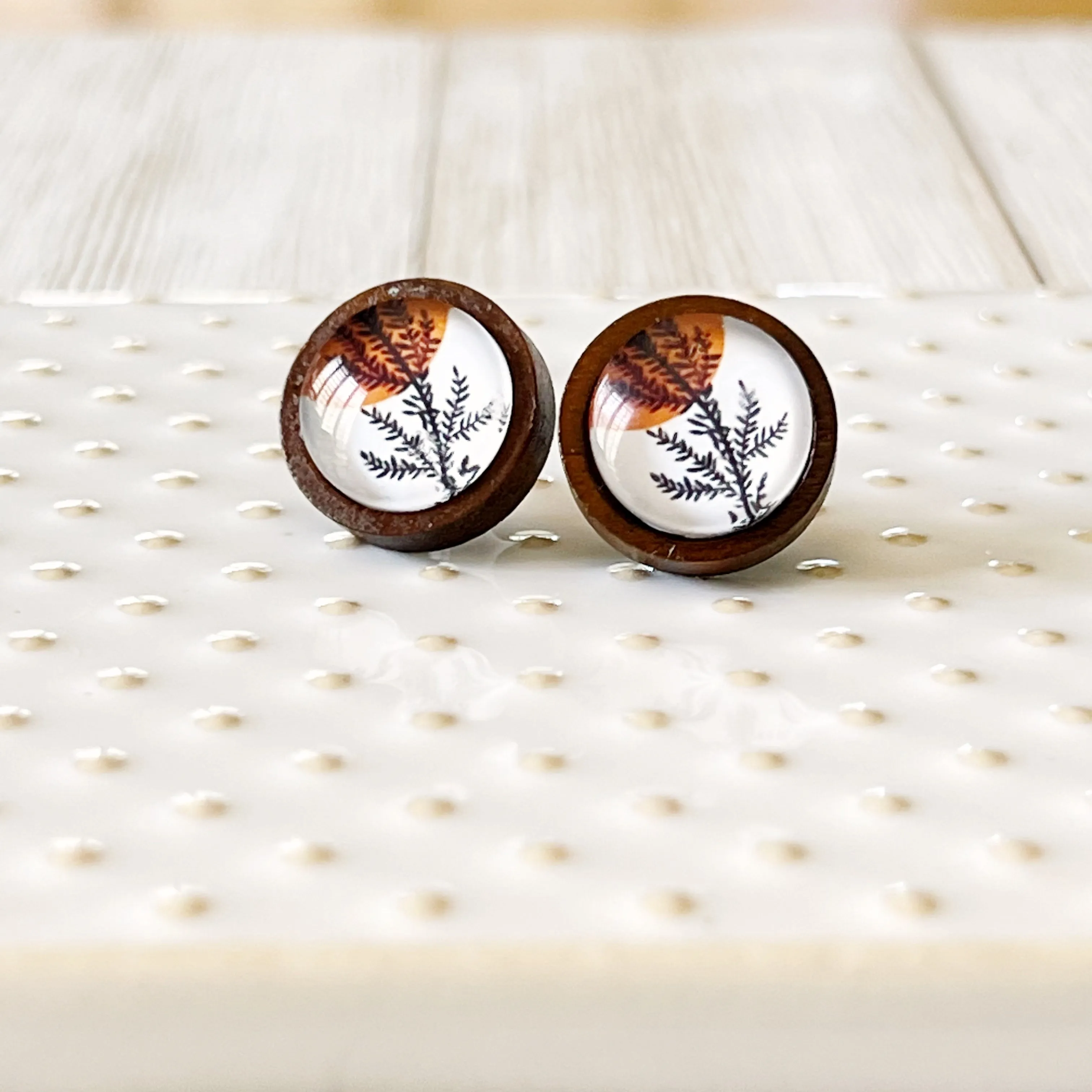 Fall Foliage Stainless Steel Wood Stud Earrings