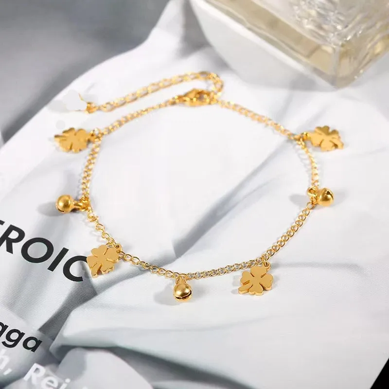 Fashion four-leaf flower and bell anklet for women