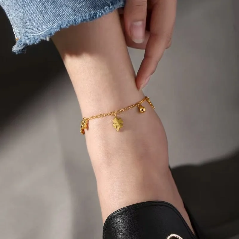 Fashion four-leaf flower and bell anklet for women