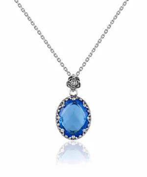 Filigree Silver Blue Quartz Gemstone Woman Oval Pendant Necklace
