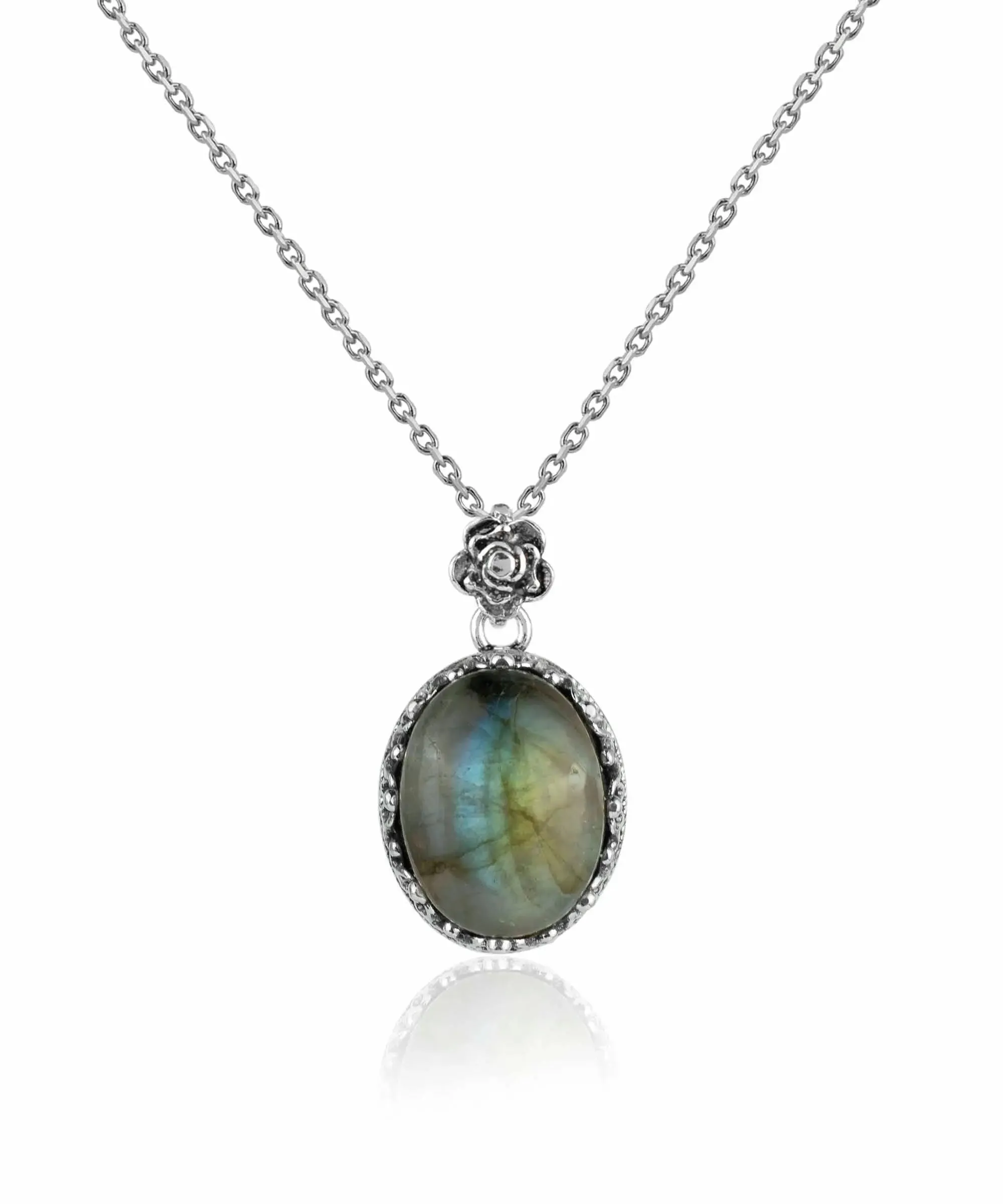Filigree Silver Labradorite Gemstone Woman Oval Pendant Necklace