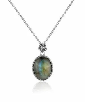 Filigree Silver Labradorite Gemstone Woman Oval Pendant Necklace