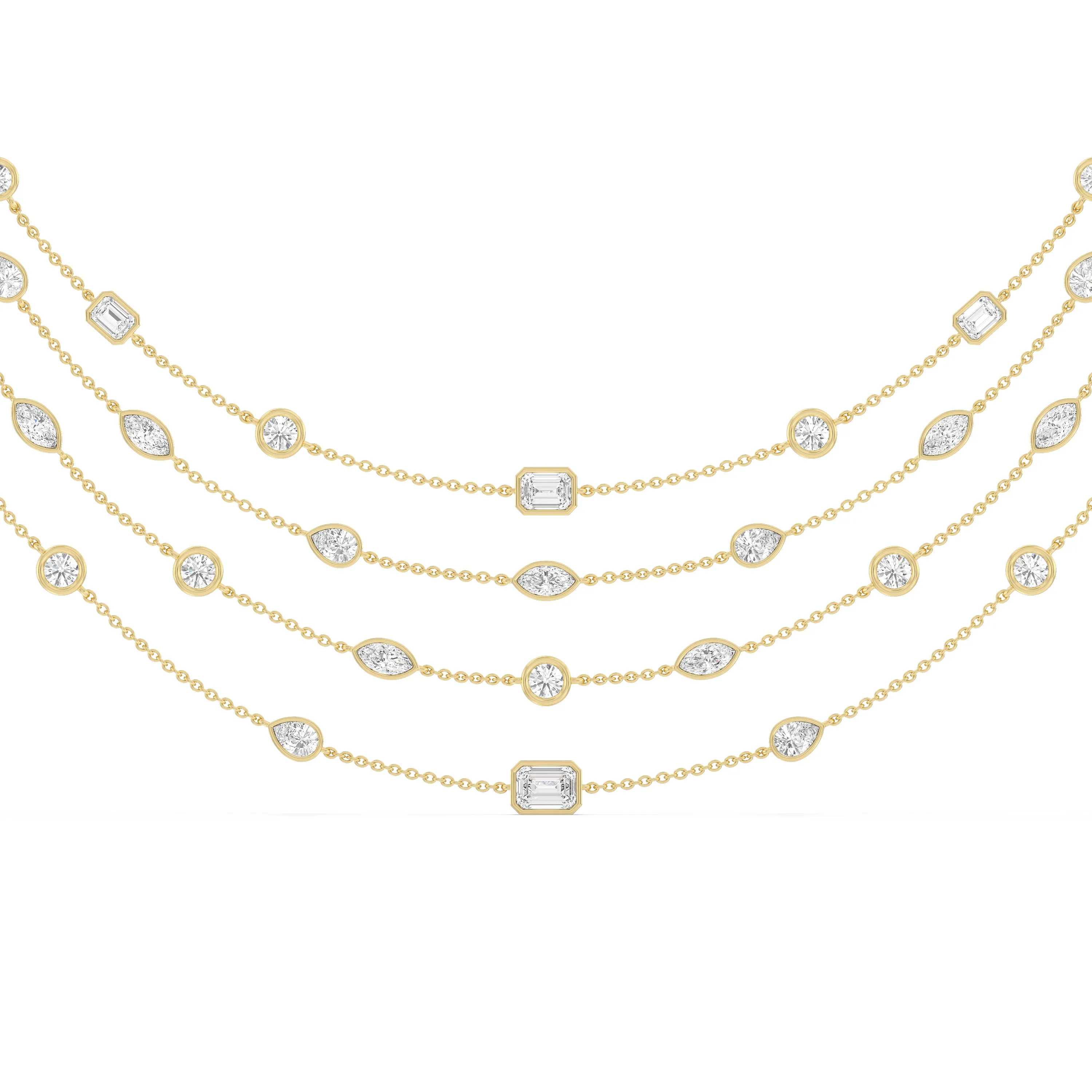 Five Row Multi Shape Bezel Set Statement Diamond Necklace