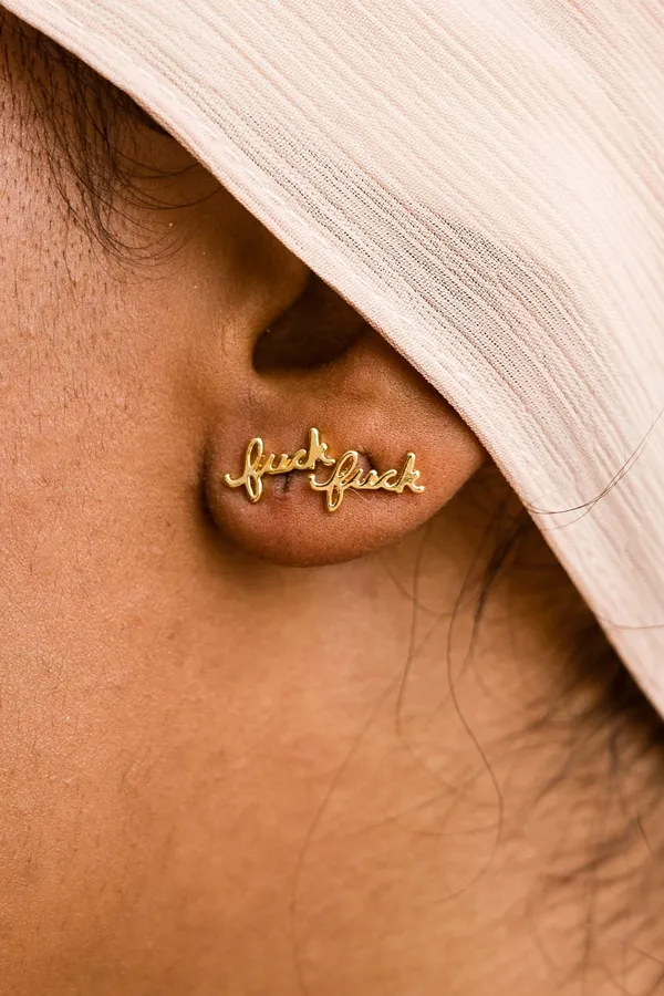 Fuck Script Stud Earrings | Gold