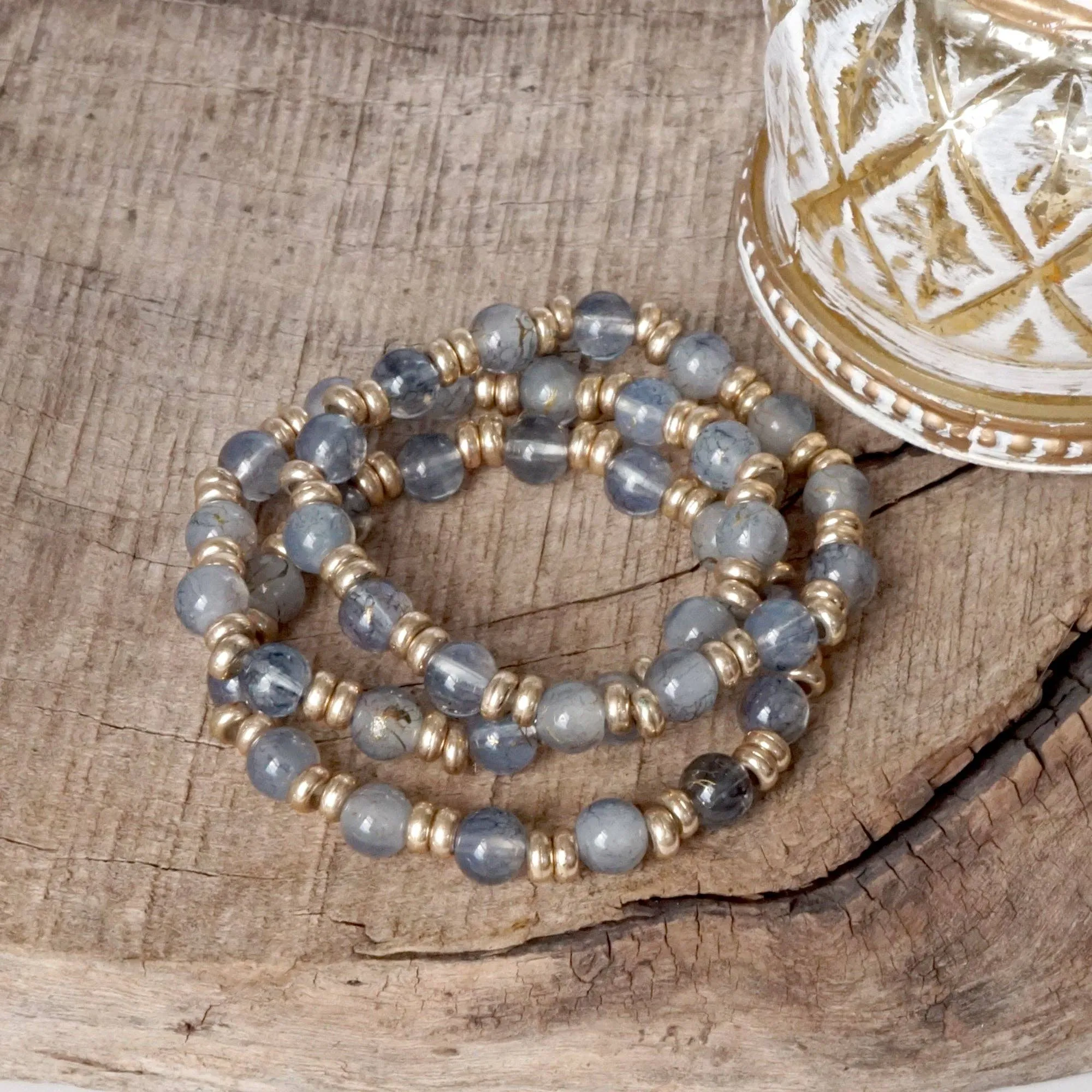 Glass Beaded Bracelet Stack with Worn Gold Accents  Green, Cream, or Gray