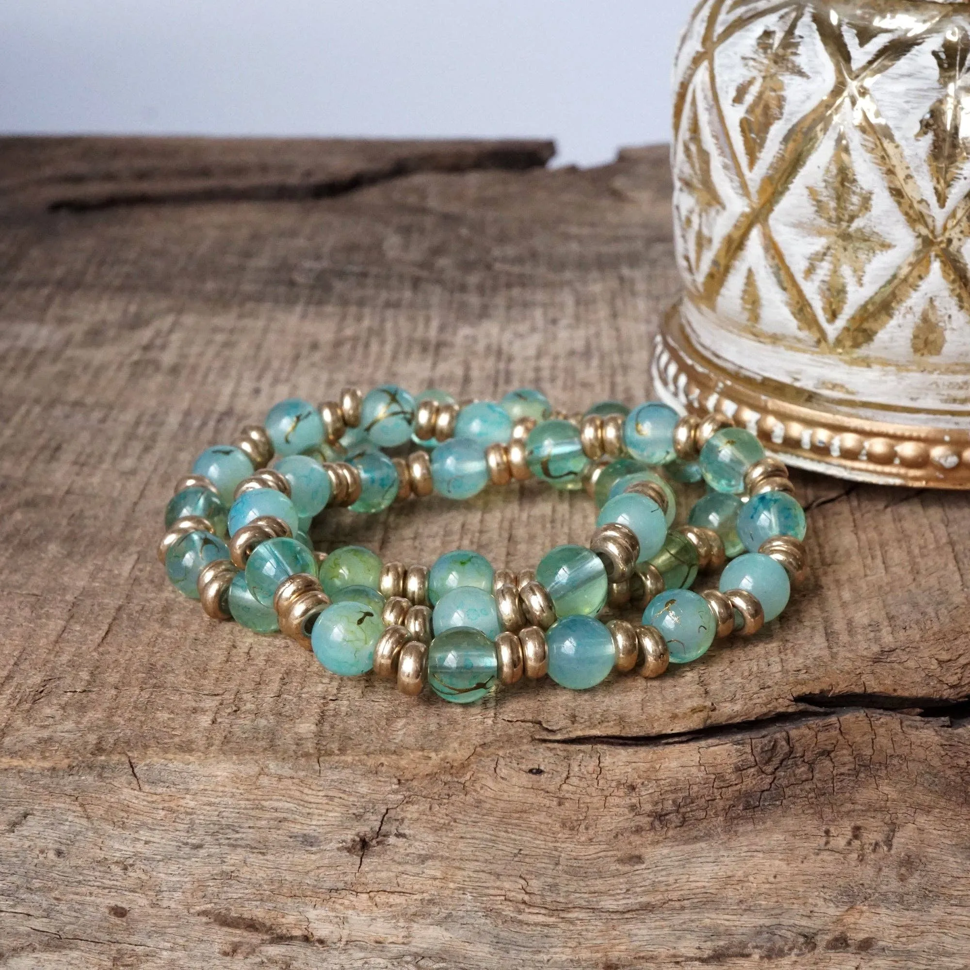 Glass Beaded Bracelet Stack with Worn Gold Accents  Green, Cream, or Gray