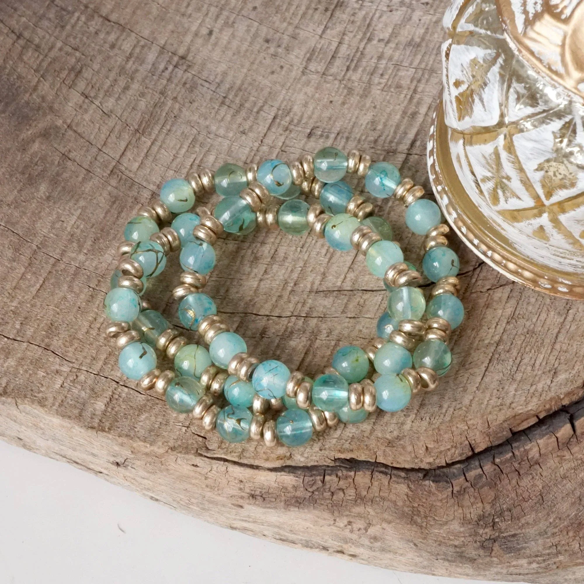 Glass Beaded Bracelet Stack with Worn Gold Accents  Green, Cream, or Gray