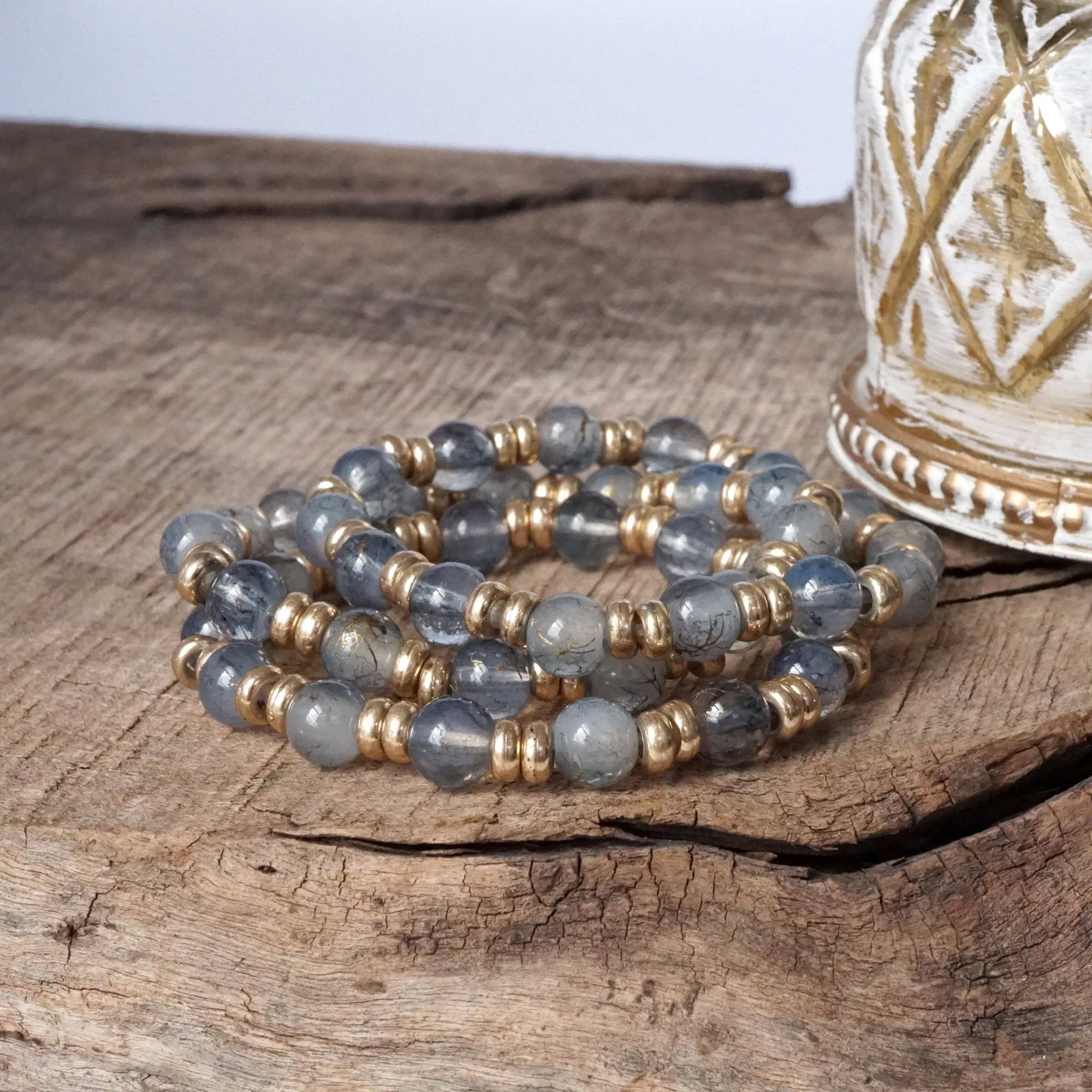 Glass Beaded Bracelet Stack with Worn Gold Accents  Green, Cream, or Gray