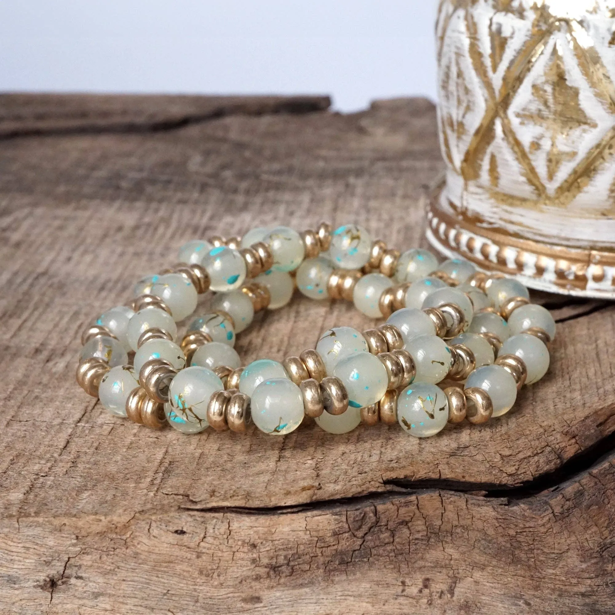 Glass Beaded Bracelet Stack with Worn Gold Accents  Green, Cream, or Gray