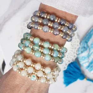 Glass Beaded Bracelet Stack with Worn Gold Accents  Green, Cream, or Gray