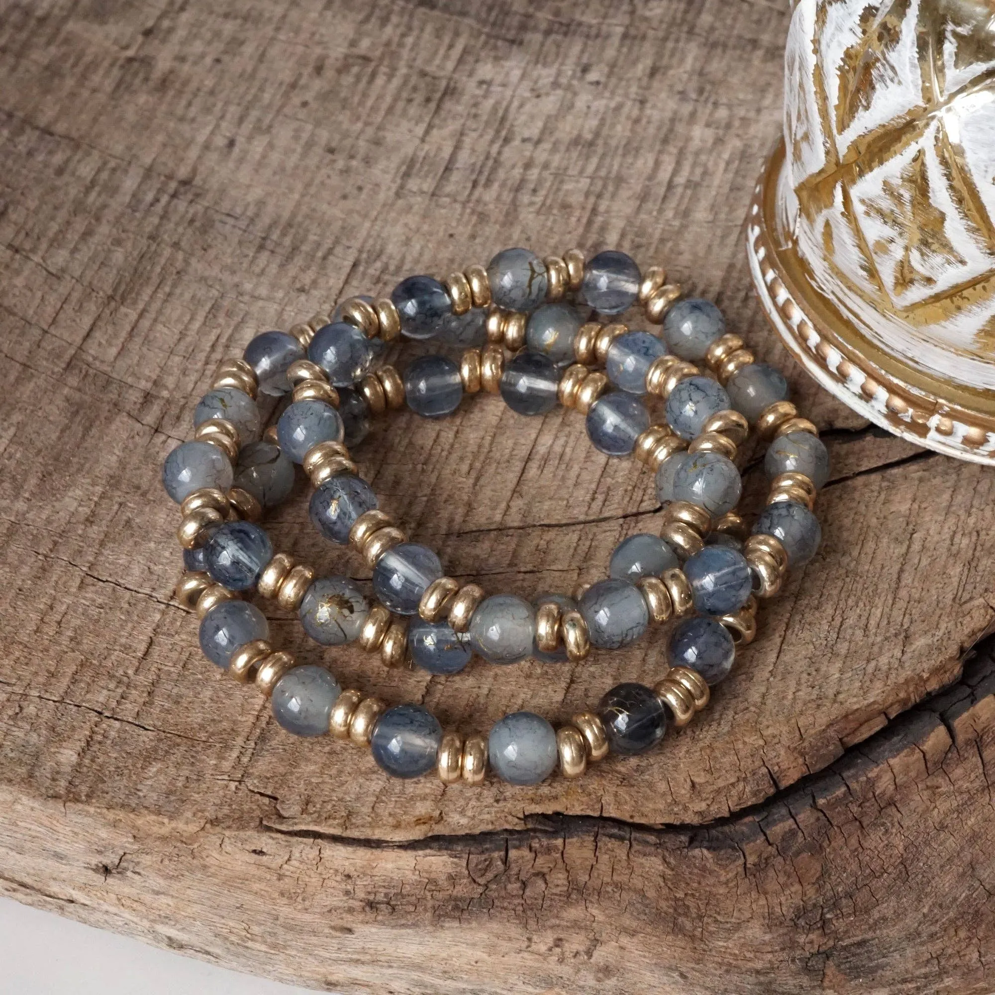 Glass Beaded Bracelet Stack with Worn Gold Accents  Green, Cream, or Gray