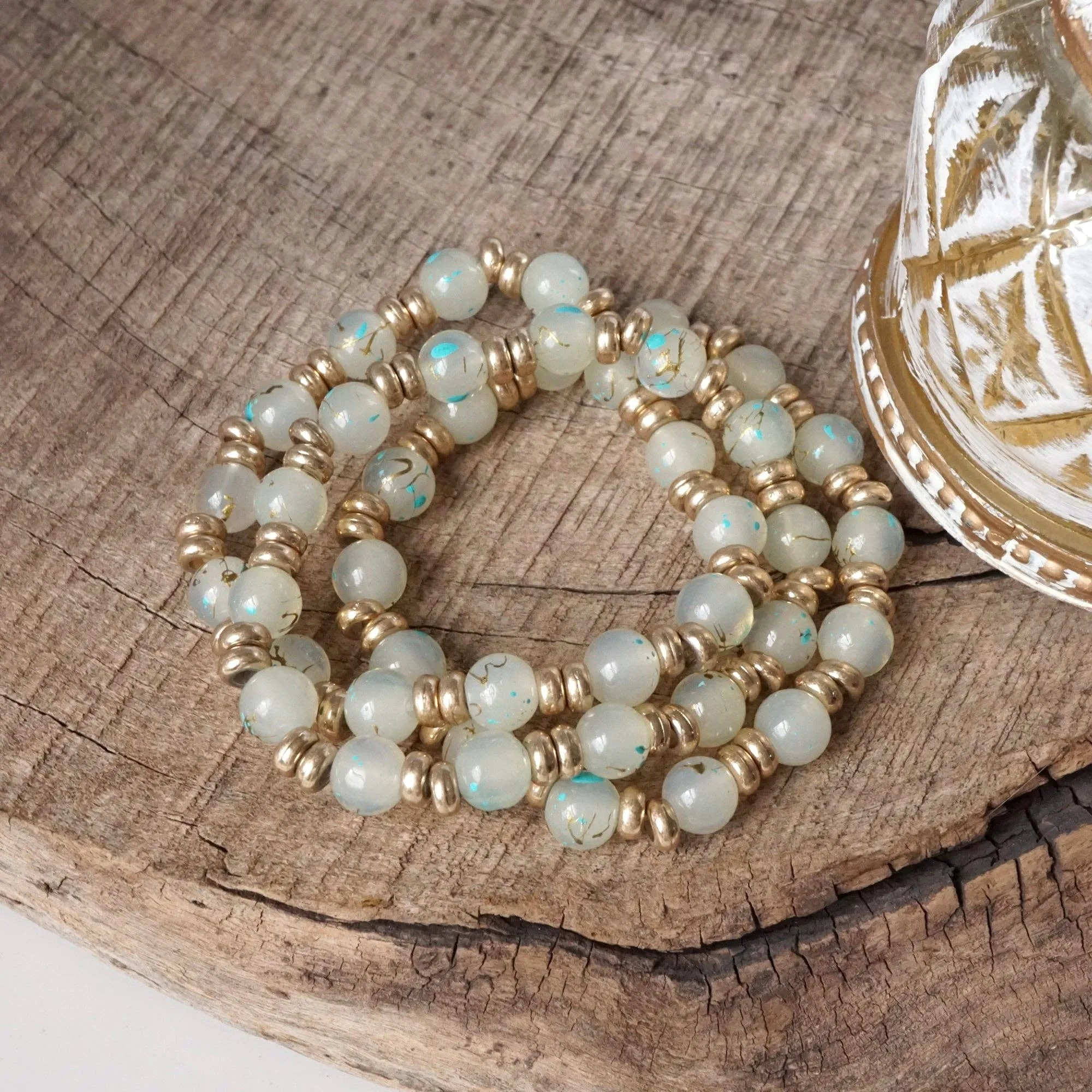 Glass Beaded Bracelet Stack with Worn Gold Accents  Green, Cream, or Gray