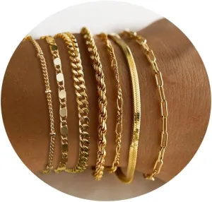 Gold Bracelets for Women, 14K Real Gold Dainty Layered Cuban Link Paperclip Chain Herribone Bracelets Cute Stackable Gold Chain Bracelet Set for Women Trendy Jewelry Gifts