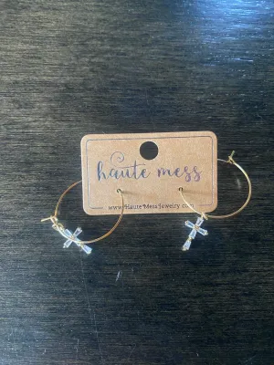Gold Hoop Earrings with Gold Cross Dangle
