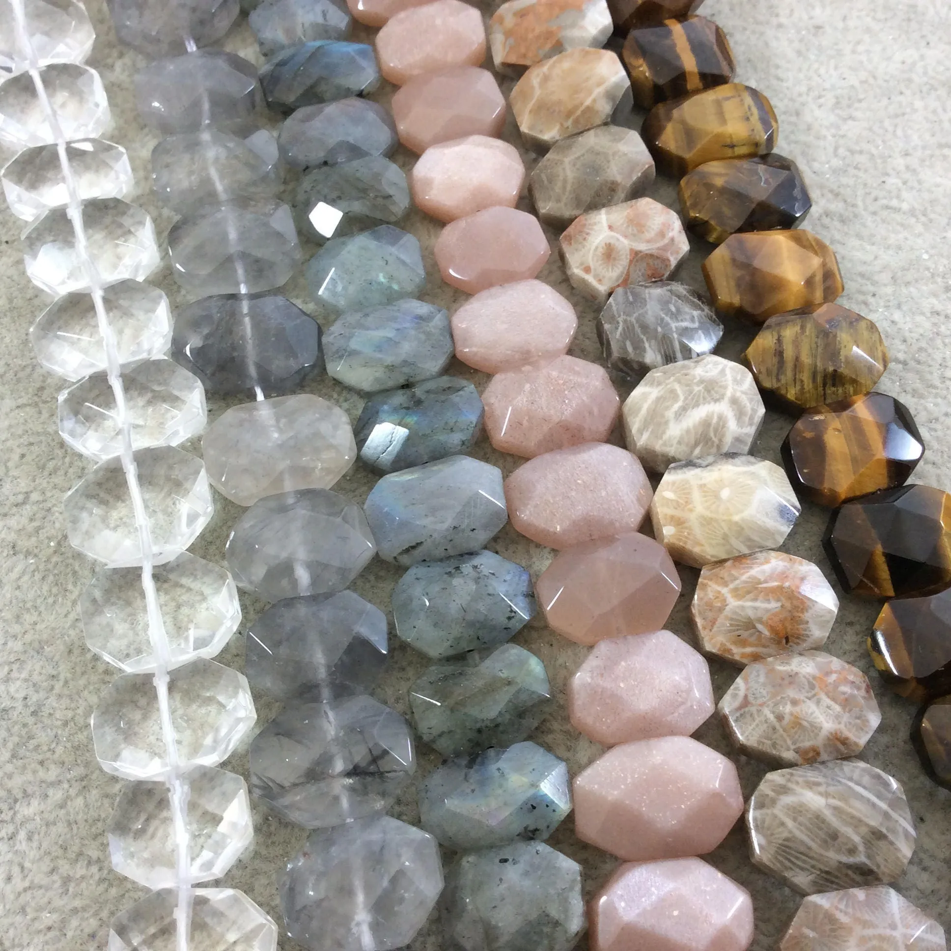 Gray Quartz Faceted Flat Octagon Shaped Beads with 1mm Holes - Sold by 7.5 inch strands - 10mm x 14mm