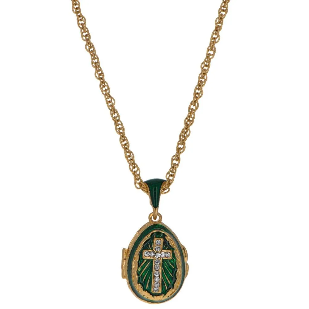 Green Enamel Crystal Cross Royal Egg Pendant Necklace