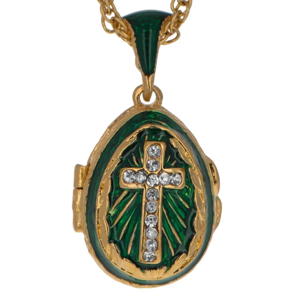 Green Enamel Crystal Cross Royal Egg Pendant Necklace