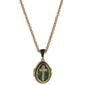 Green Enamel Crystal Cross Royal Egg Pendant Necklace