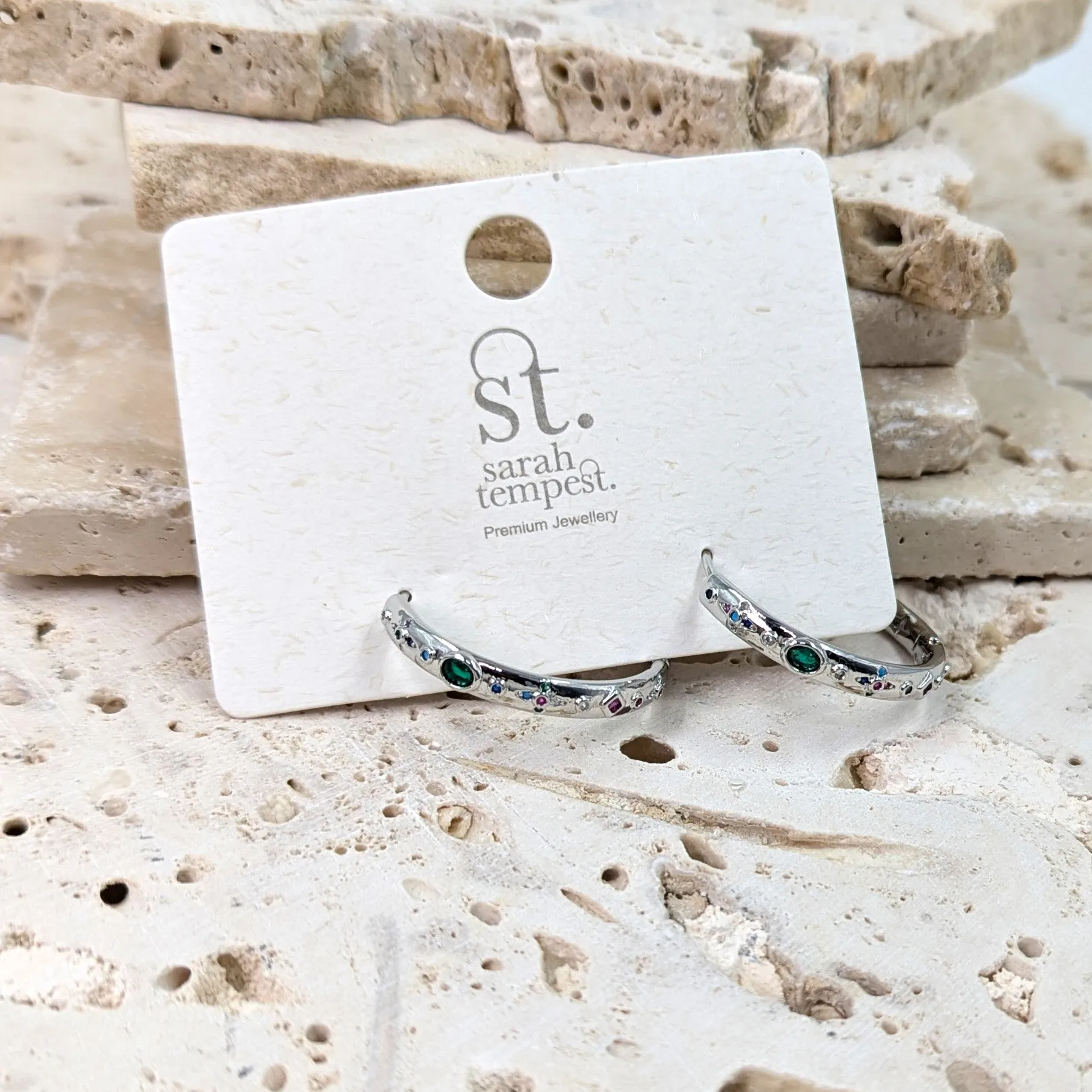 Hoops with multicoloured CZ crystals in varied subtle shapes