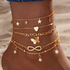IFKM Gold Color Vintage Butterfly Anklet Set For Women Multilayers