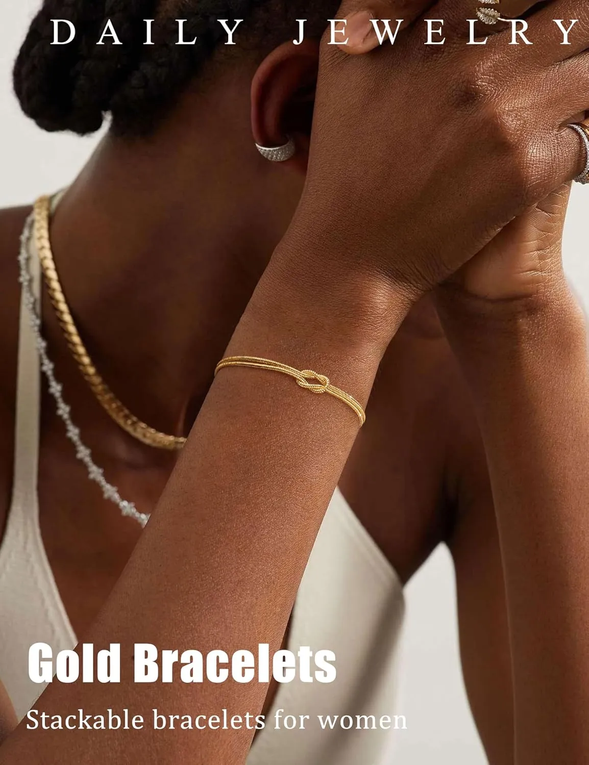 KOHOTA Silver Gold Bracelets for Women Trendy 14K Gold Plated Bracelet for Women Non Tarnish Dainty Stackable Layered Chain Heart Pearl Knot Beaded Bracelets Stack Set Charm Mothers Day Jewelry Gifts