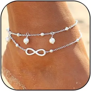 Layered Ankle Bracelets for Women Gold Silver Layered Shining Baseball Anklet Dainty Beaded Pearl Ankle Bracelets Summer Beach Foot Chain Jewelry for Women