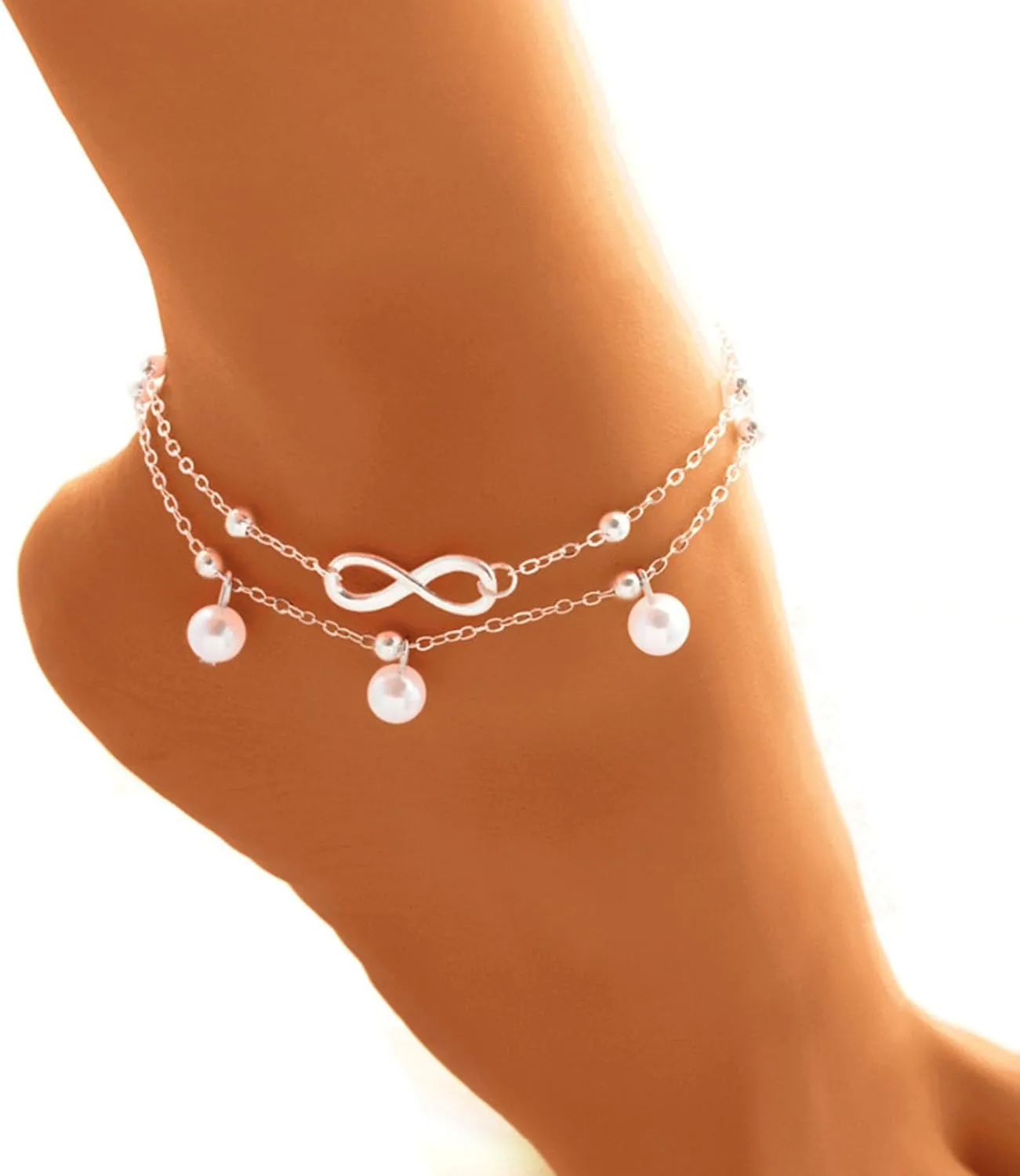 Layered Ankle Bracelets for Women Gold Silver Layered Shining Baseball Anklet Dainty Beaded Pearl Ankle Bracelets Summer Beach Foot Chain Jewelry for Women