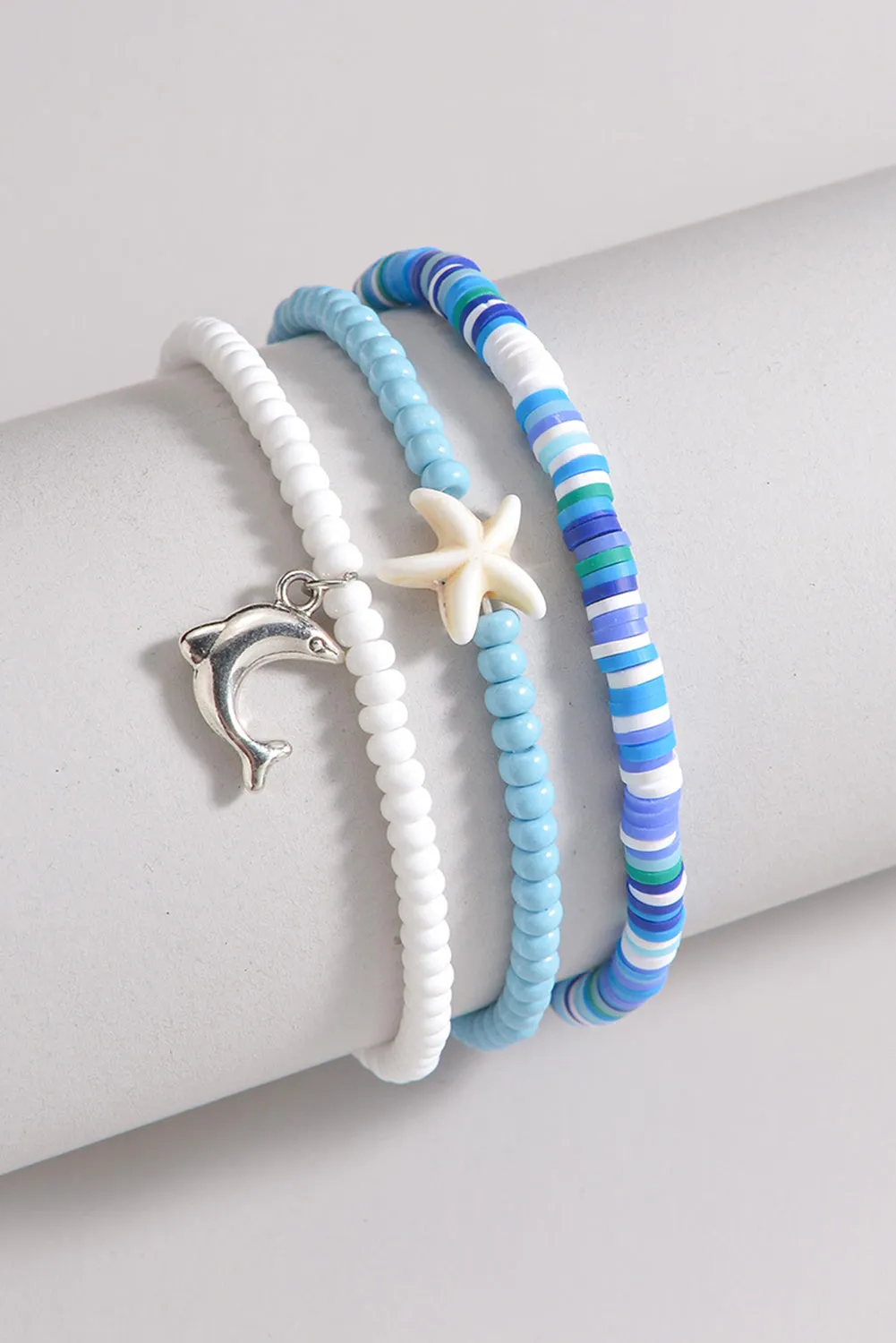 Light Blue Dolphin Starfish Charm Beaded 3pcs Anklet Set