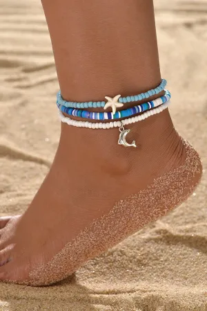 Light Blue Dolphin Starfish Charm Beaded 3pcs Anklet Set