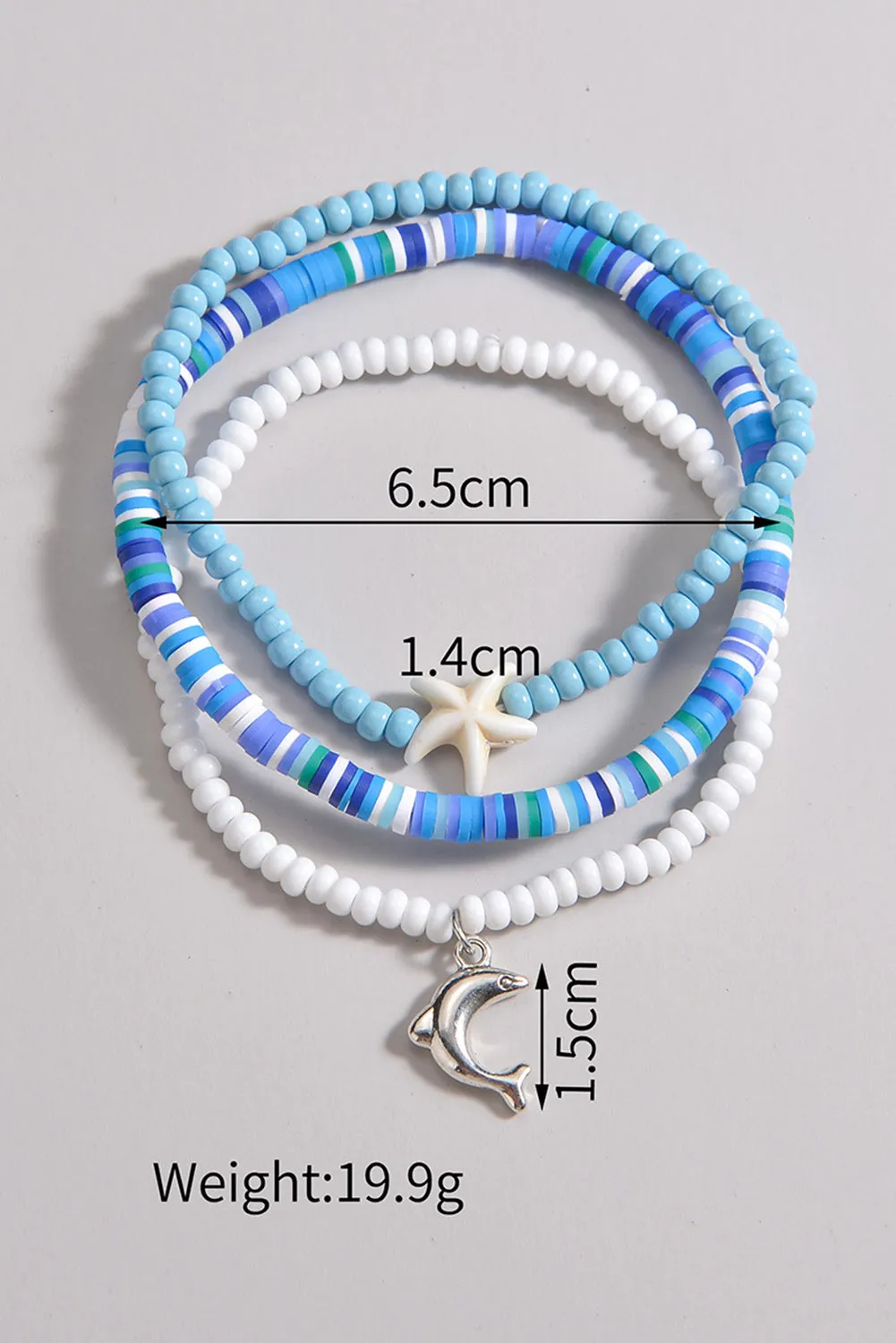 Light Blue Dolphin Starfish Charm Beaded 3pcs Anklet Set