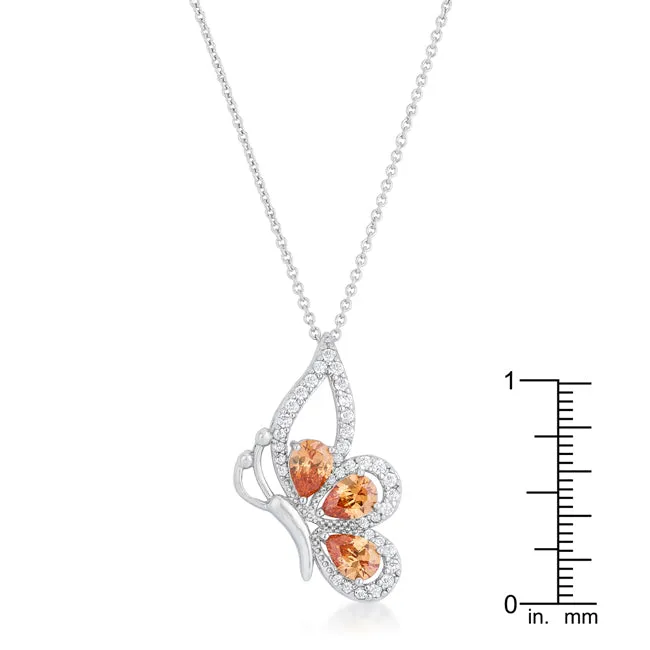LOVCIA Champagne CZ Butterfly Pendant Necklace with Rhodium Finish