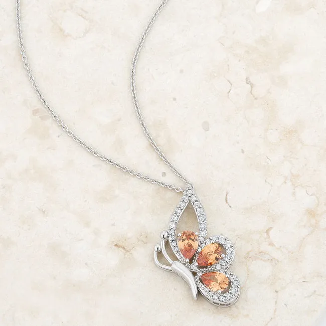 LOVCIA Champagne CZ Butterfly Pendant Necklace with Rhodium Finish