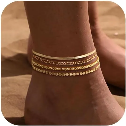 MBW Gold Ankle Bracelets for Women, Stackable 14K Gold Plated Beaded Anklets for Women Waterproof Dainty Layered Cuban Link Chain Anklet Set Adjustable Anklets Summer Boho Beach Jewelry Sets Gifts
