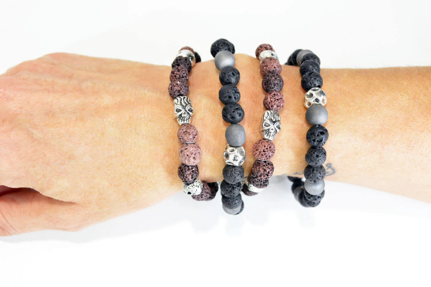 Mens Lava Rock Beads Skull Bracelet