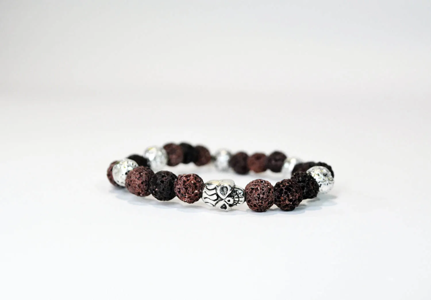 Mens Lava Rock Beads Skull Bracelet