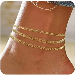 MIDEEO Gold/Silver Ankle Bracelets for Women,14K Gold Anklets for Women Waterproof Cuban Link Heart Beads Herringbone Rhinestone Anklets Set Layered Anklet Bracelets for Women Gold Jewelry Gift