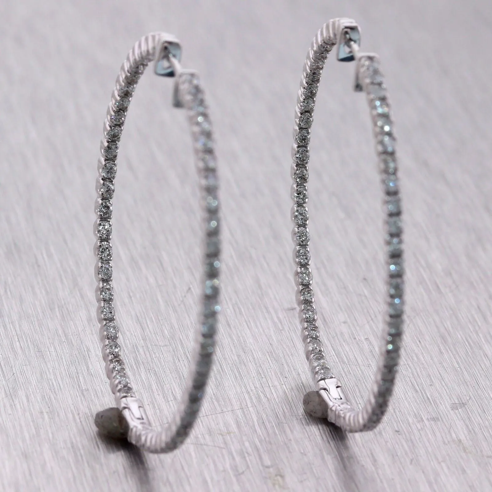 Modern 14k White Gold 2ctw Diamond In & Out Hoop Earrings
